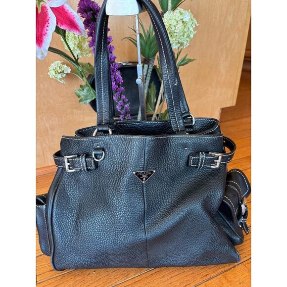 Prada Vitello Daino black LEATHERSide Pocket Tote(u100 - Picture 1 of 8